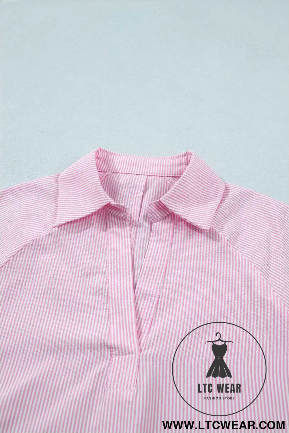 Pink Striped Print Collared Split Neck Half Sleeve Blouse