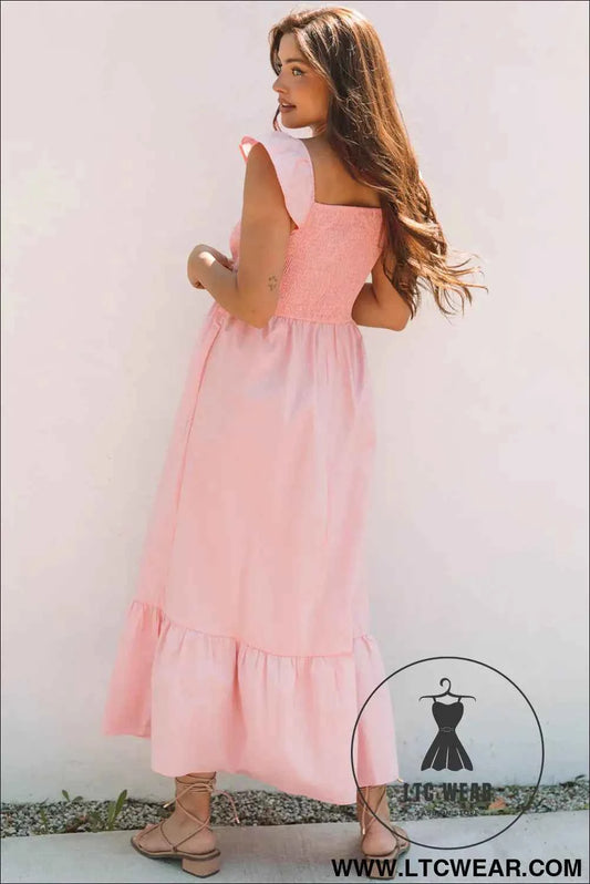 Pink V Neck Flutter Sleeve Smocked Bodice High Waist Ruffle Maxi Dress