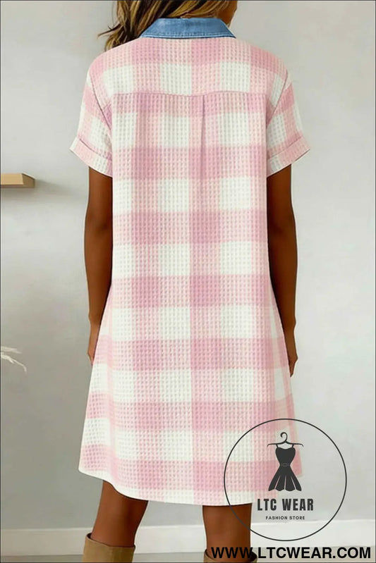 Pink Waffle Plaid Print Contrast Denim Shirt Collar Buttoned T Shirt Mini Dress