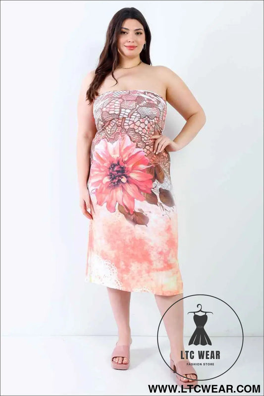 Plus Peach Flower Print Sleeveless Midi Dress