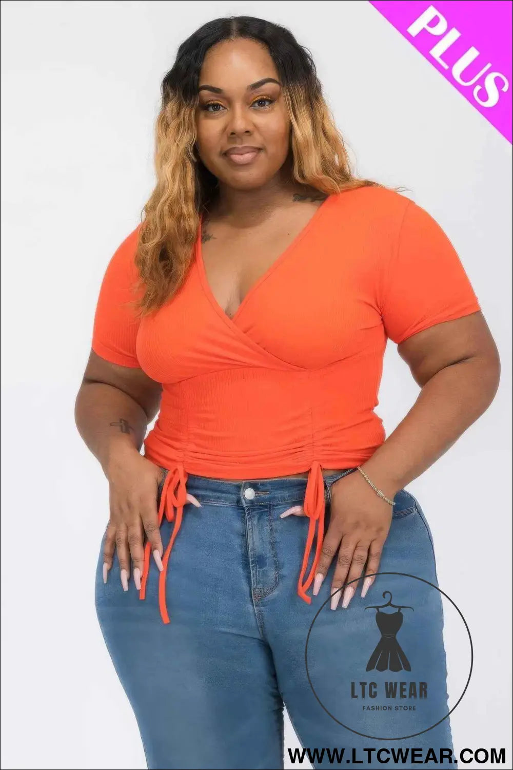 Plus Ribbed Ruched Drawstring Surplice Top