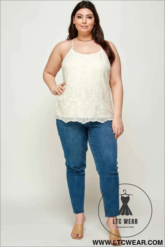 Plus Size Embroidered Mesh T-back Cami