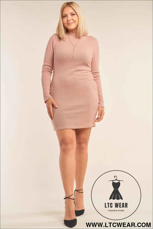 Plus Size Long Sleeve Ribbed Knit Sexy Cut Out Back Mini Dress