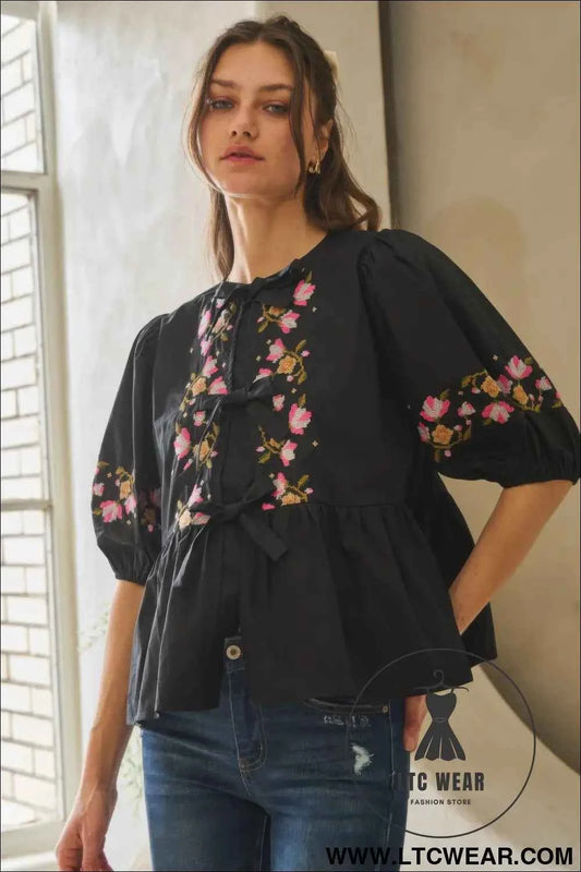 Poplin Front Ribbon Tie Blouse