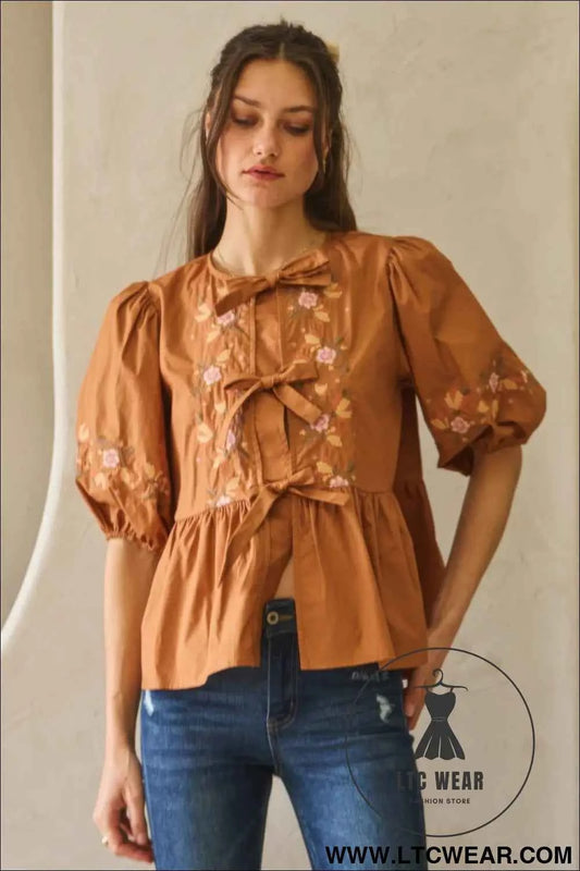 Poplin Front Ribbon Tie Blouse