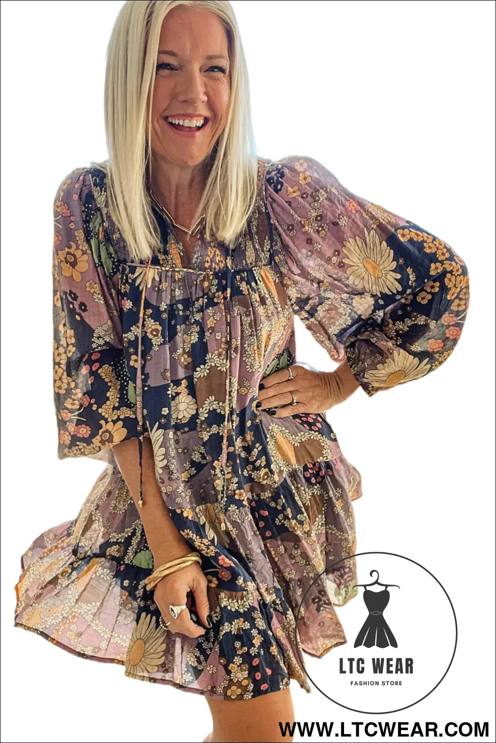 Purple Boho Floral Print Puff Sleeve Flowy Mini Dress - L.T.C Wear Online Fashion Store