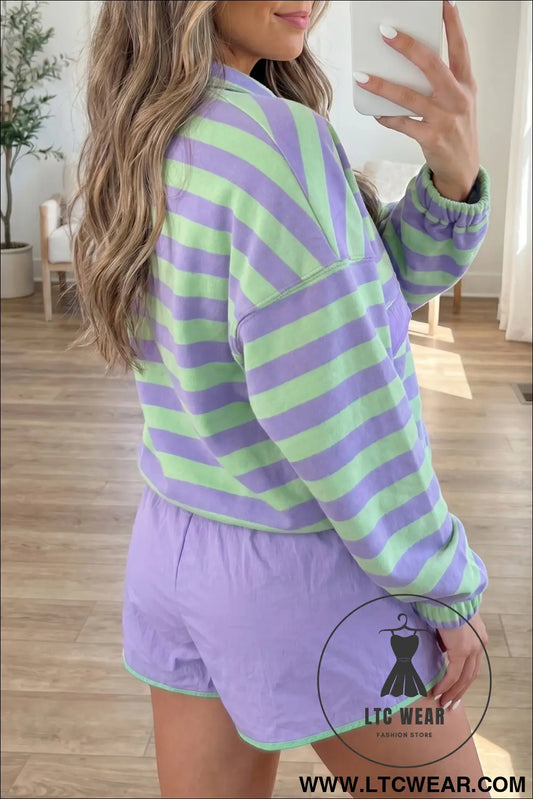 Purple stripe striped patchwork long sleeve two piece set casual pants suit - short sets