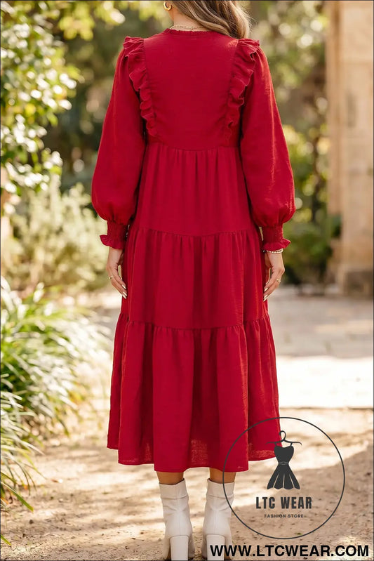 Racing Red Solid Color Ruffle Trim Long Sleeve Tiered Shift Midi Dress
