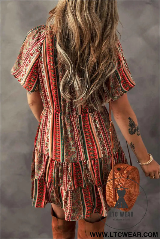 Red Bohemian Floral Print Buttoned V Neck Ruffle Tiered Dress