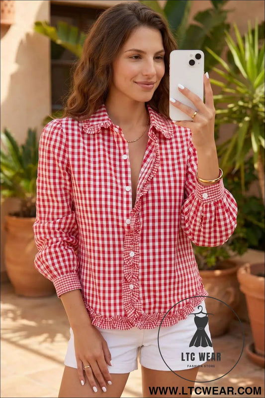 Red Plaid Long Sleeve Button Down Frill Detail Casual Shirt