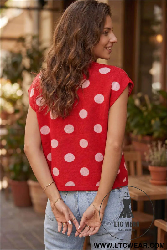 Red Polka Dot Sleeveless Knit Button Drop Shoulder Sweater Vest