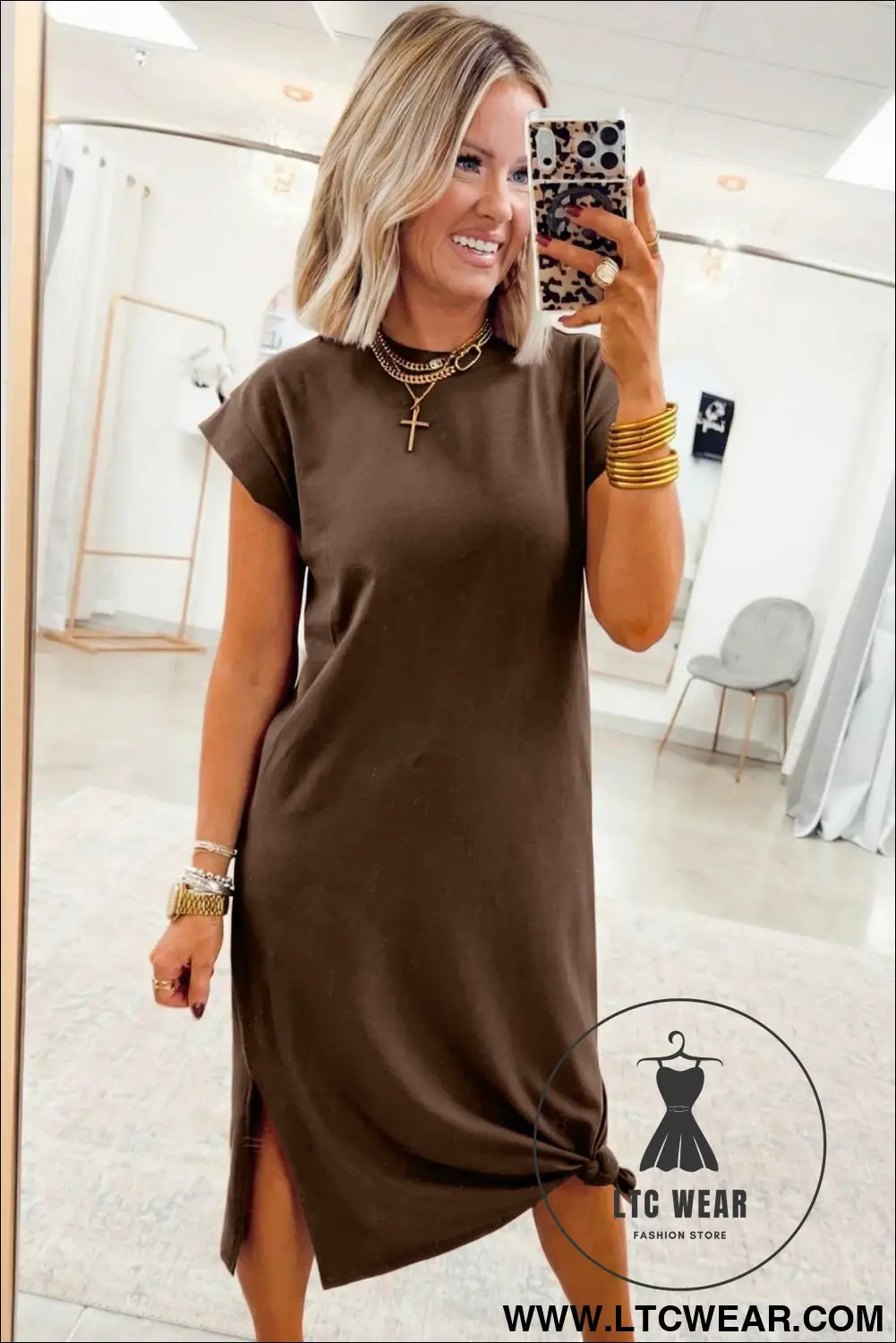 Red Sandalwood Solid Color Long T Shirt Dress with Slits