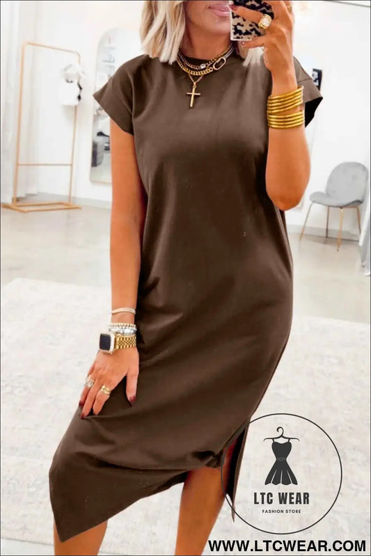 Red Sandalwood Solid Color Long T Shirt Dress with Slits