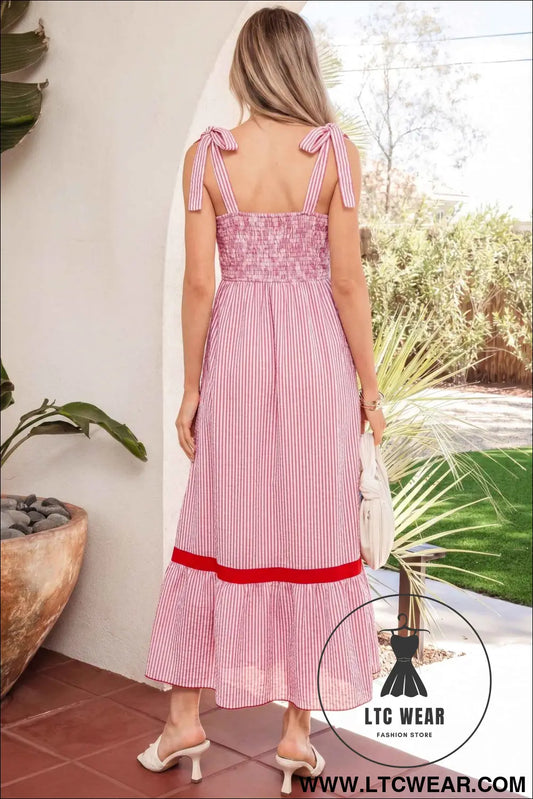 Red Stripe Bow Knot Straps Contrast Trim High Waist Ruffle Hem Maxi Dress