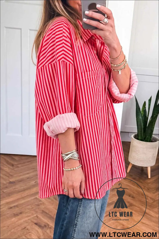 Red Stripe Button-Up Shirt Long Sleeve Patch Pocket Casual Shirt