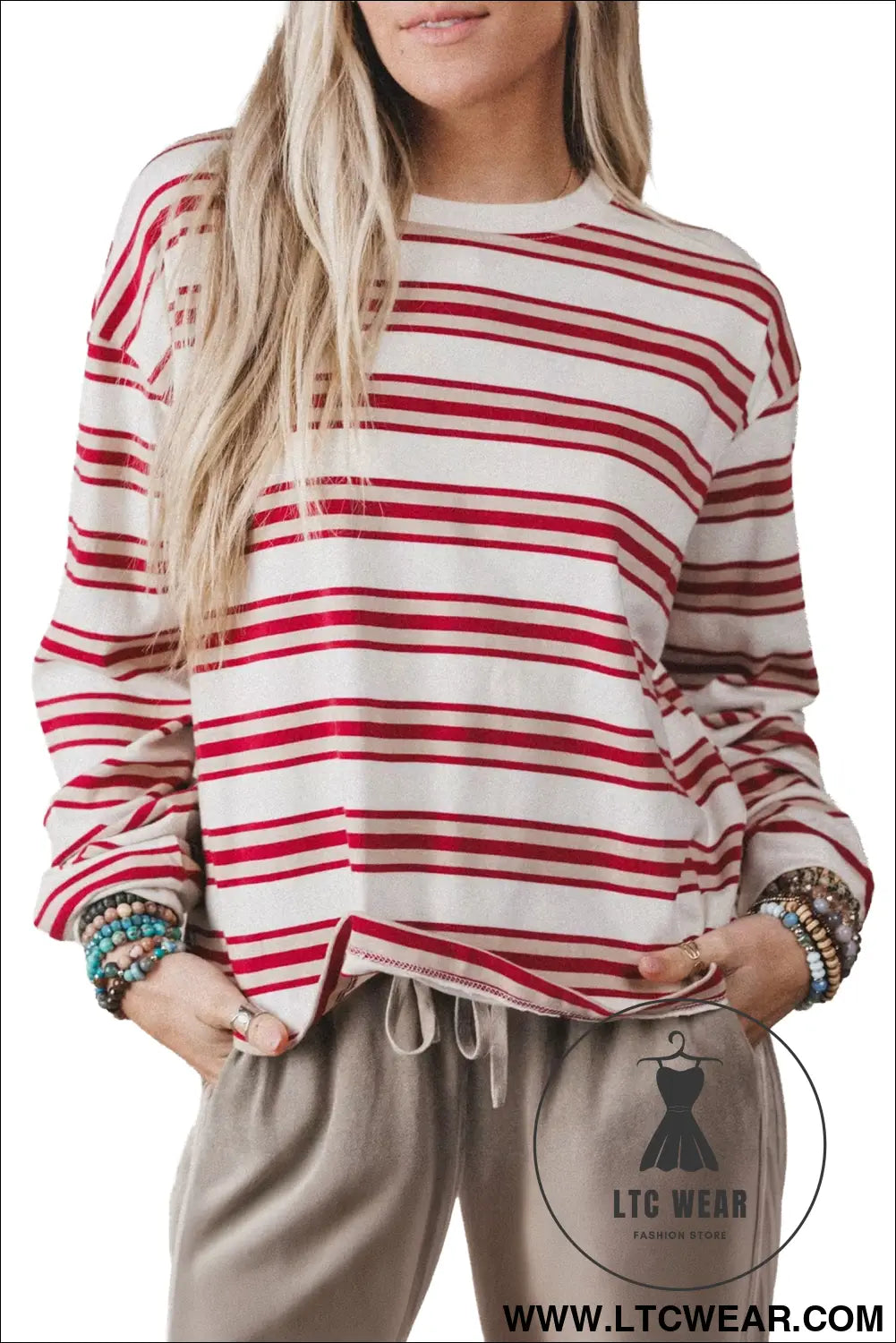 Red stripe dropped shoulder long sleeve casual pullover top - long sleeve tops