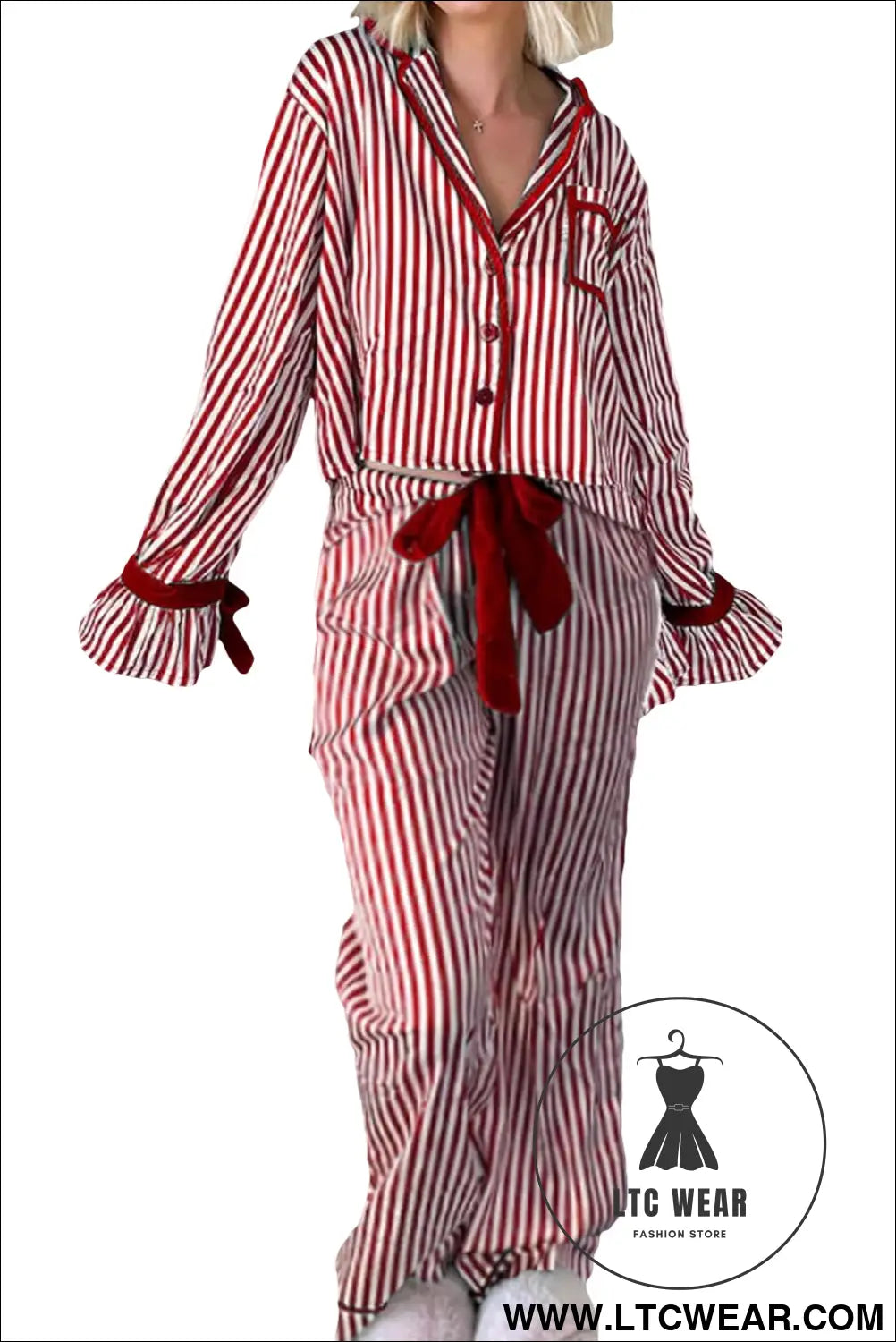 Red Striped Contrast Velvet Trim Knot Waist Pajama Set - L.T.C Wear Online Fashion Store