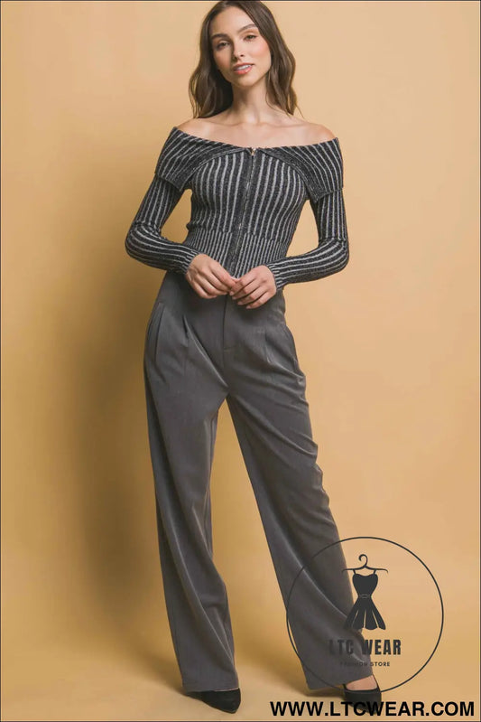 Ribbed bardot zip up long sleeve