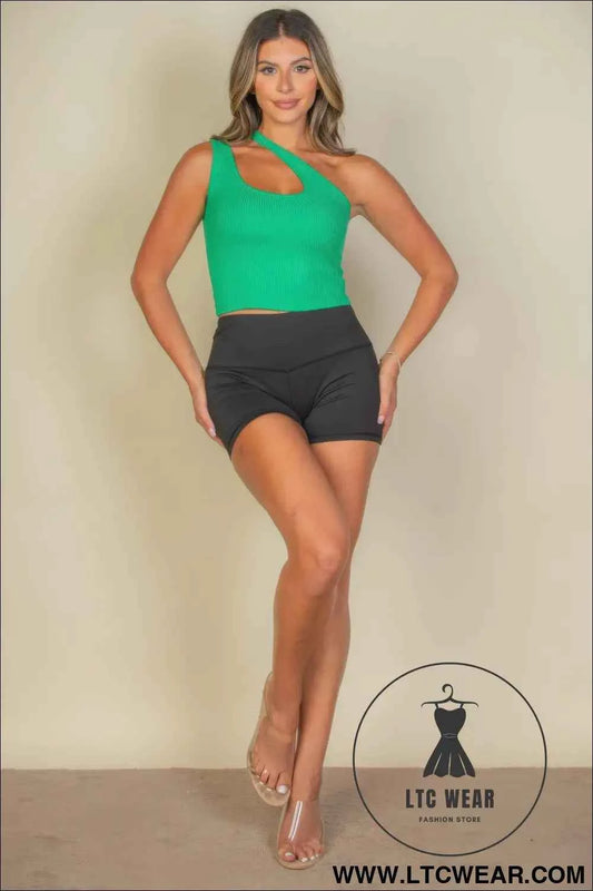 Ribbed One Shoulder Cross Strap Crop Top