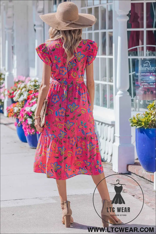 Rose Flutter Sleeve Belted Floral Long Dress