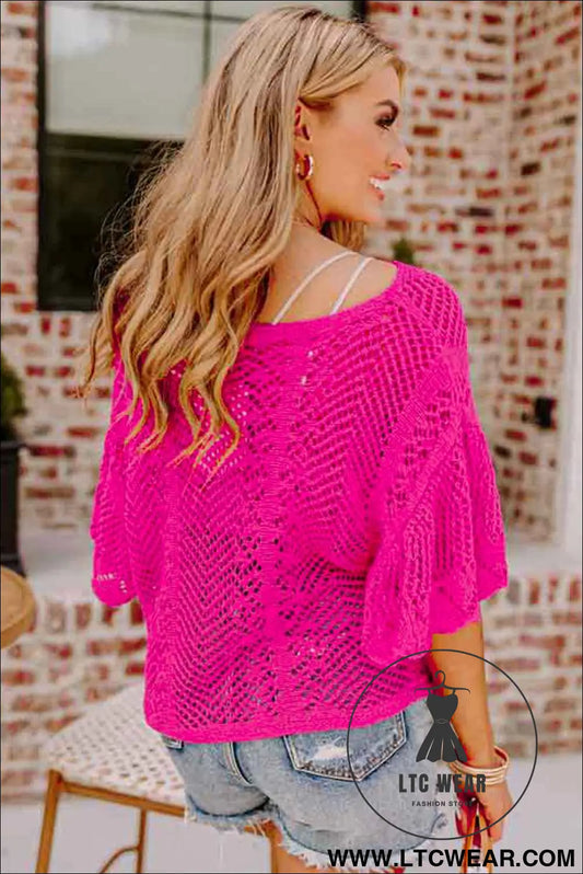 Rose Red Pointelle Knit Scallop Edge Short Sleeve Knit Top
