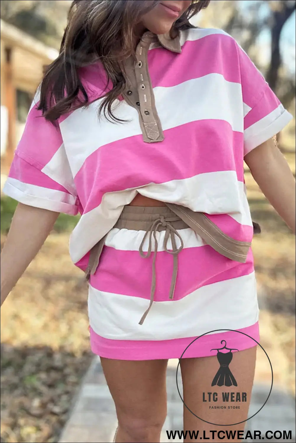 Rose stripe colorblock trim polo tee drawstring mini skirt 2pcs set - two piece dresses