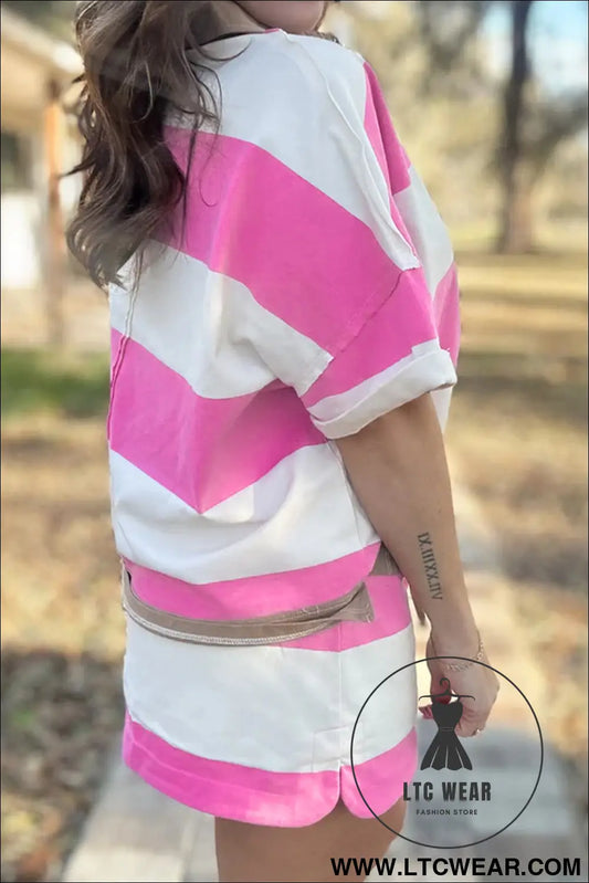 Rose stripe colorblock trim polo tee drawstring mini skirt 2pcs set - two piece dresses