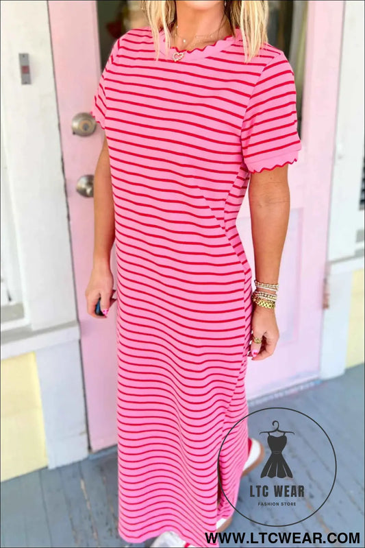 Rose Stripe Striped Short Sleeve Scalloped Trim Side Slit T-Shirt Dress