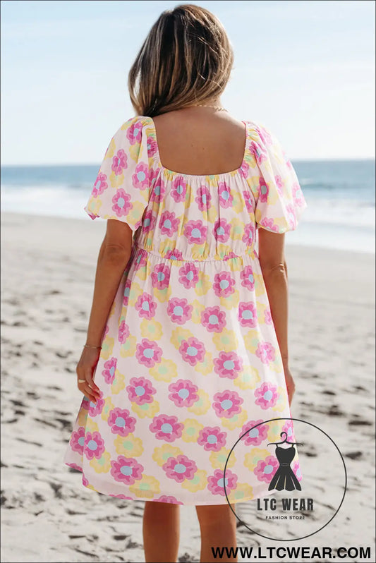 Rose vibrant floral puff sleeve pleated flared mini dress - floral dresses