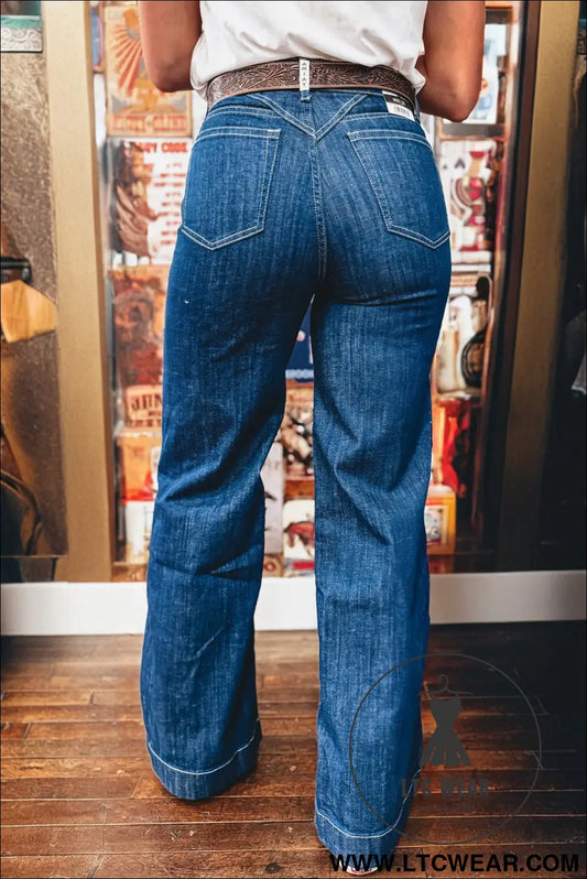 Sail blue stitched waist detail cuffed jeans - jeans