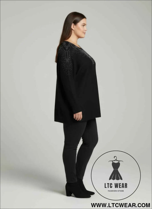Scarlet Embellished Neckline Dolman Sleeve Tunic Top