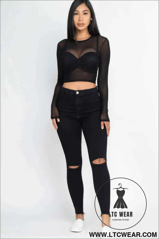 Sexy Sheer Mesh Long Sleeve Crop Top