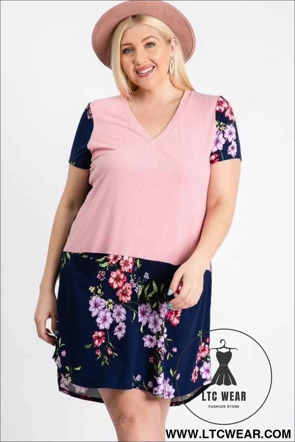 Short Sleeve Floral Blocked Midi Dress With Front Pocket