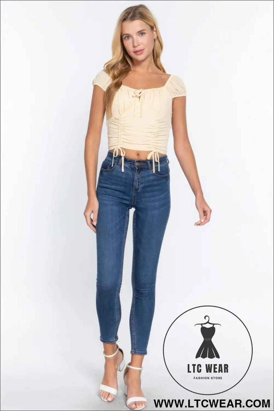 Short Sleeve Front Tie Ruched Detail Woven Top