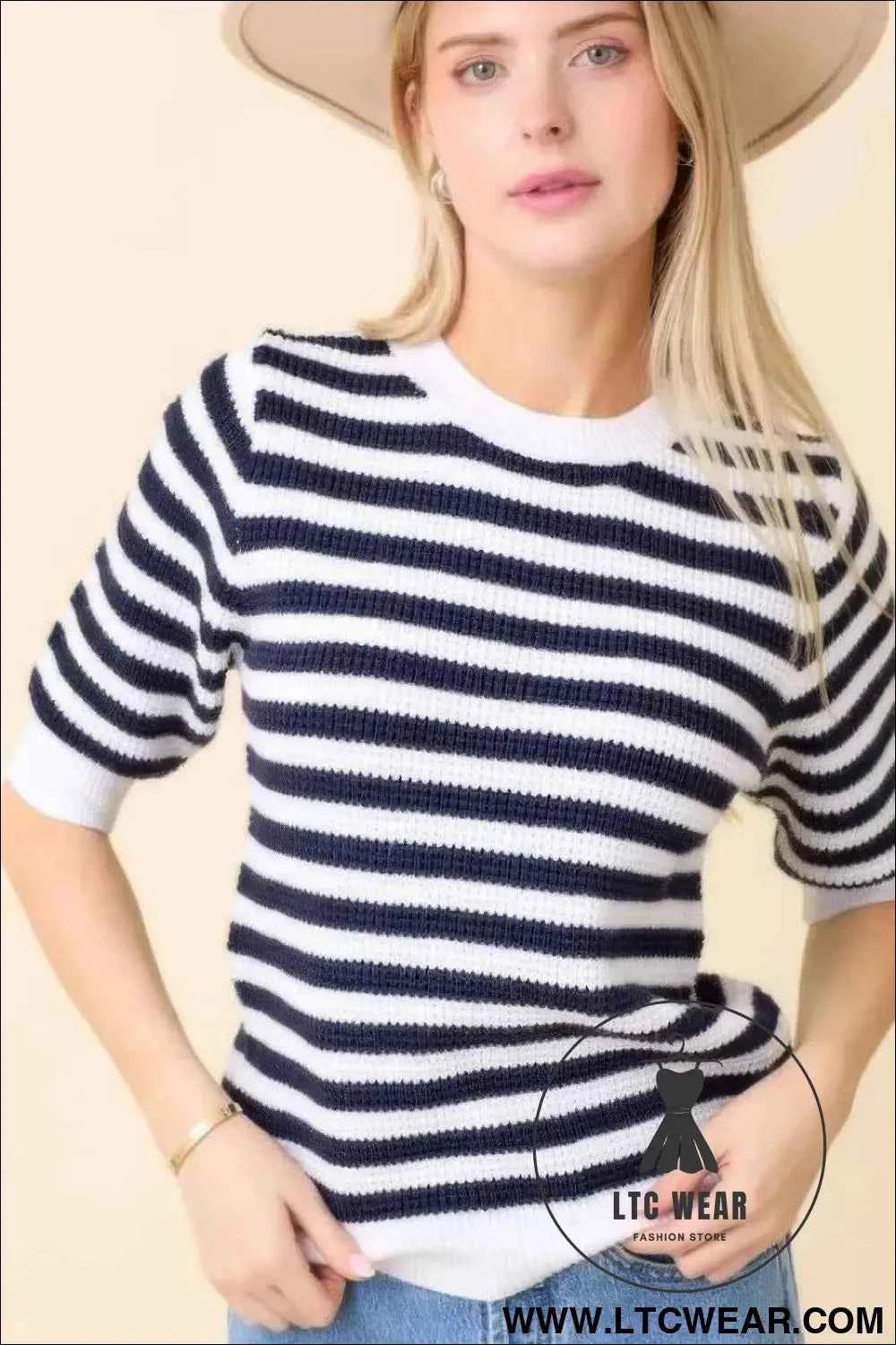 Short Sleeve Sweater Knit Stripe Top