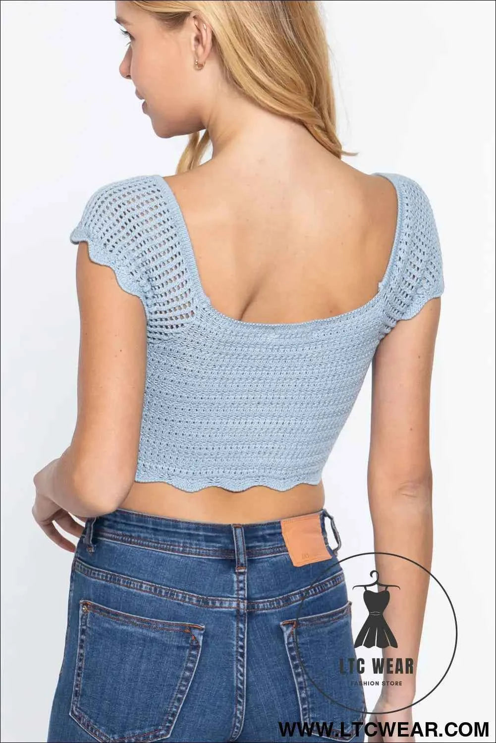 Short Sleeve V-neck Front Knot Detail Sweater Knit Crop Top