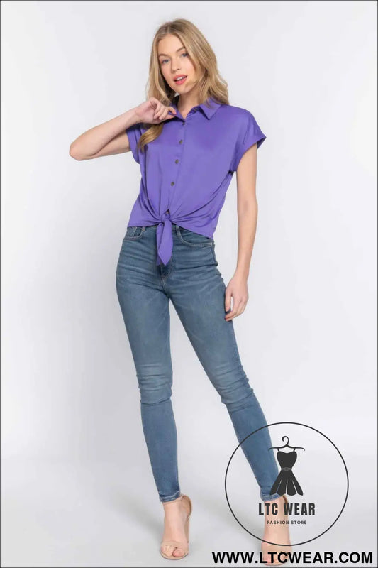 Short Slv Front Tie Stretch Ity Top