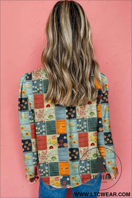 Sky Blue Checkered Floral Patchwork V Neck Blouse