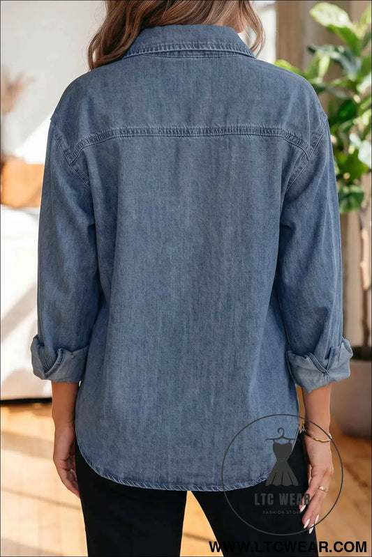 Sky Blue Color Block Pocket Detail Casual Button Down Denim Shirt