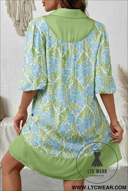 Sky Blue Floral Print Color Block Patchwork Shirt Collar Half Sleeve Mini Dress