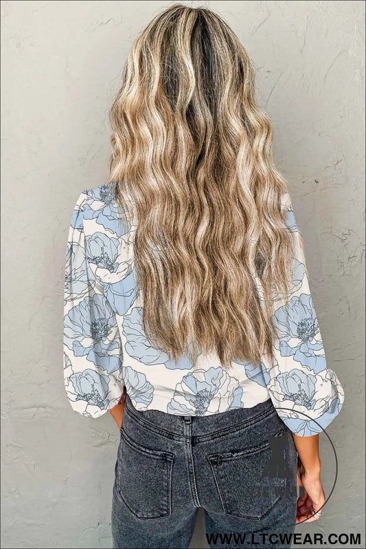 Sky Blue Floral Print Frilly Smocked Square Neck Long Sleeve Blouse