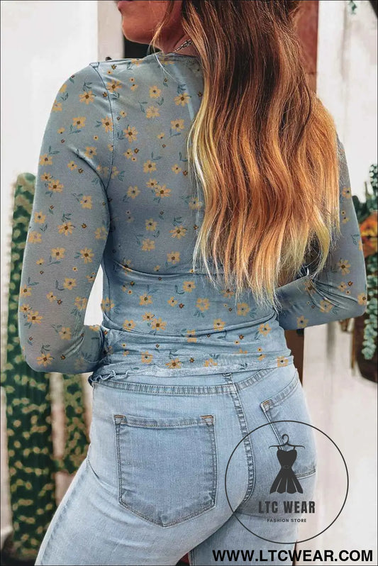 Sky Blue Floral Print Mesh Slim Fit Long Sleeve Top