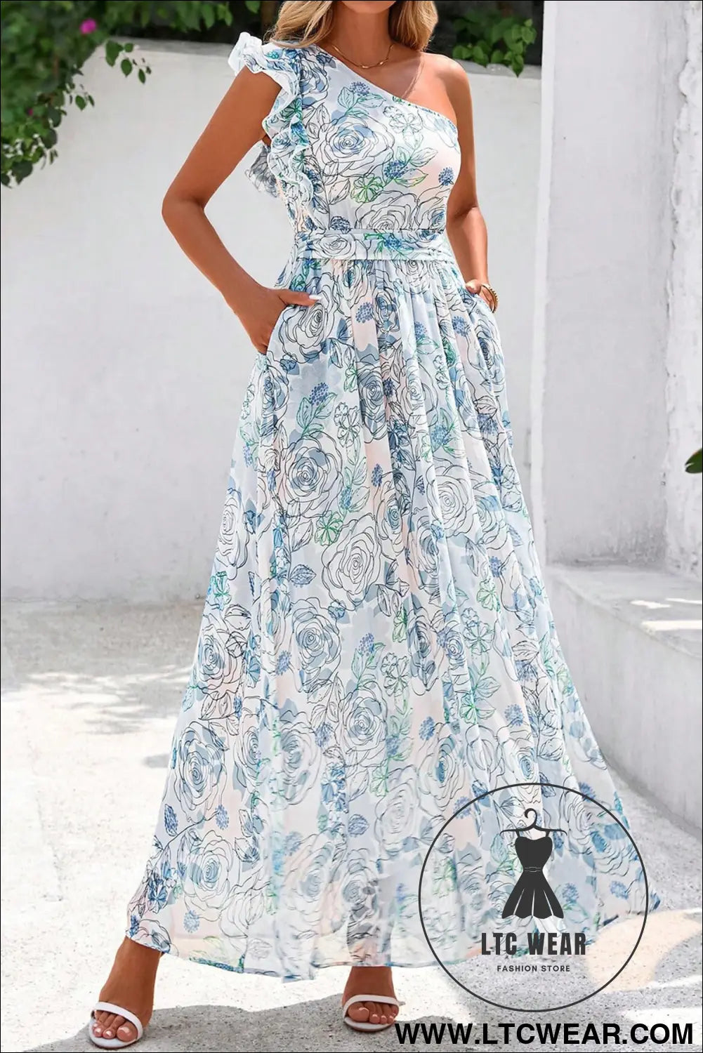 Sky Blue Floral Print Ruffled One Shoulder Vacation Maxi Dress - L.T.C Wear Online Fashion Store