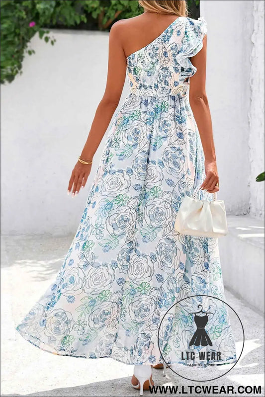 Sky Blue Floral Print Ruffled One Shoulder Vacation Maxi Dress