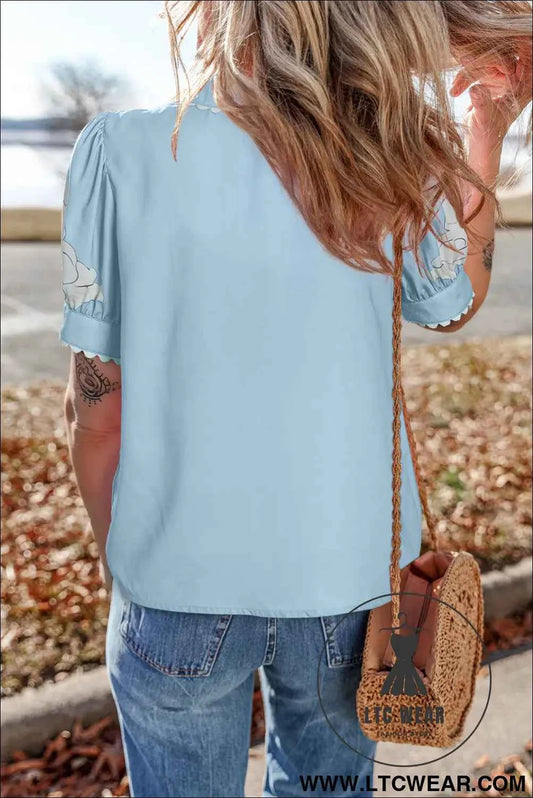 Sky Blue Floral Ric Rac Edge Puff Sleeve Button Up Summer Shirt