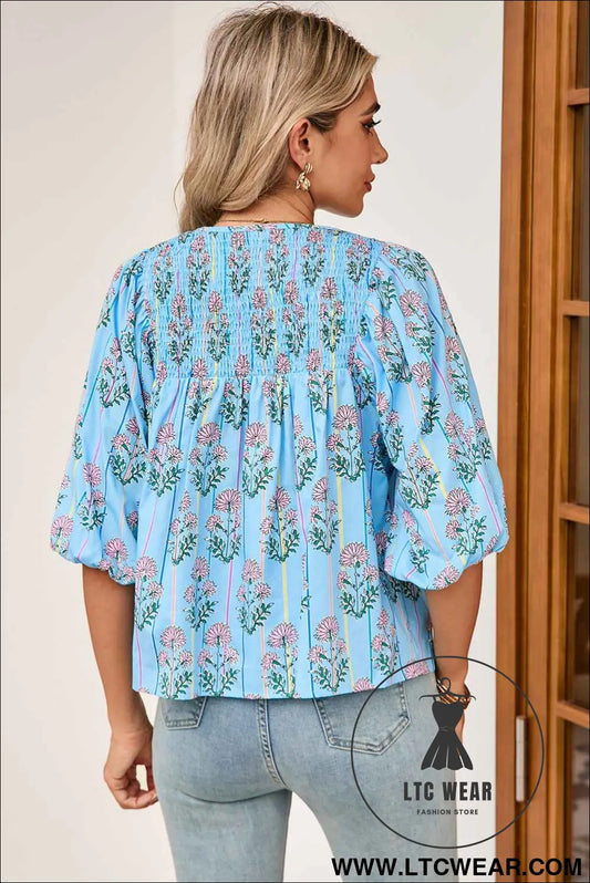 Sky Blue Floral Striped Smocked V Neck Blouse