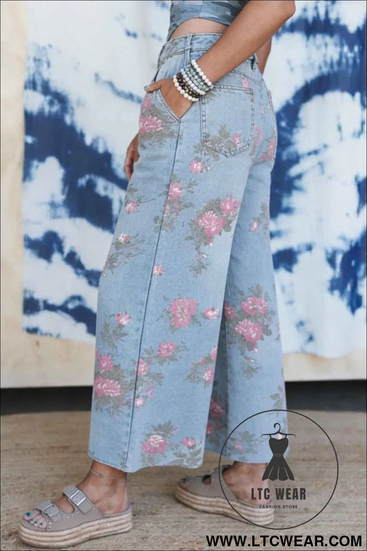 Sky Blue Garden Floral Print Bootcut Jeans