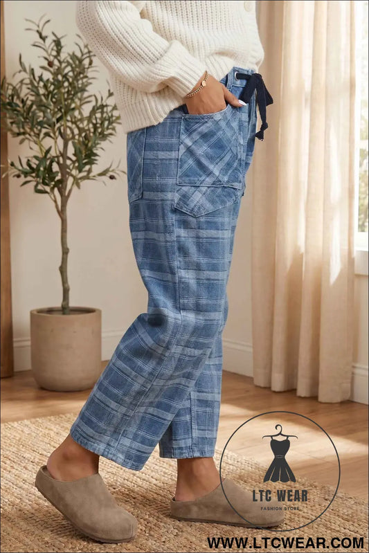 Sky Blue Plaid Denim Grommet Drawstring Waist Ankle-Length Jeans