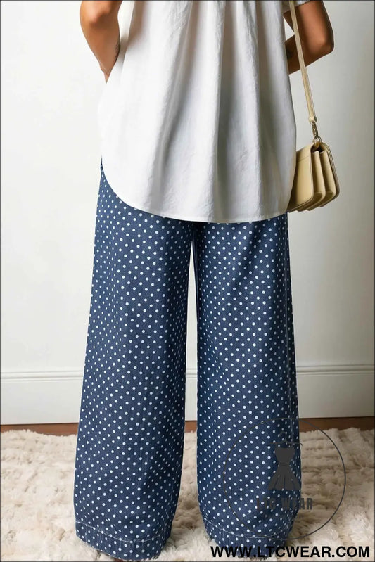 Sky Blue Polka Dot Print Button Pleated Detail Wide Leg Jeans