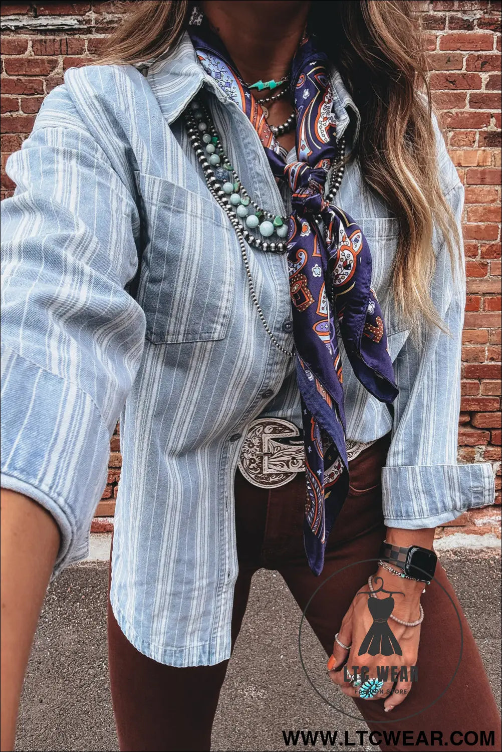 Sky blue stripe boyfriend chest pocket classic denim shacket - denim jackets